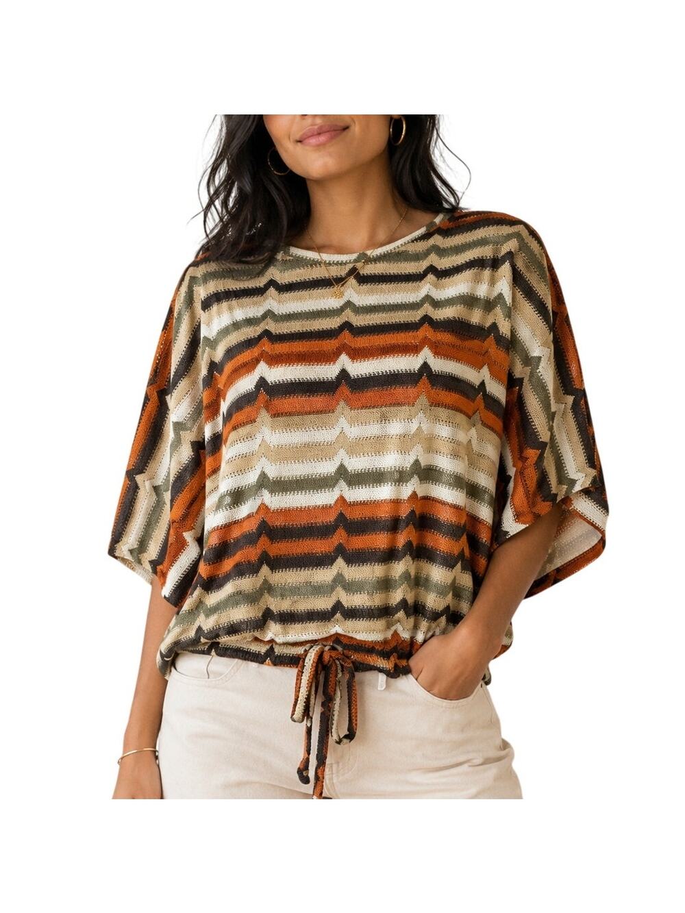 Zara Trafaluc Chevron Knit Tie Front Dolman Sleeve Top Small Boho